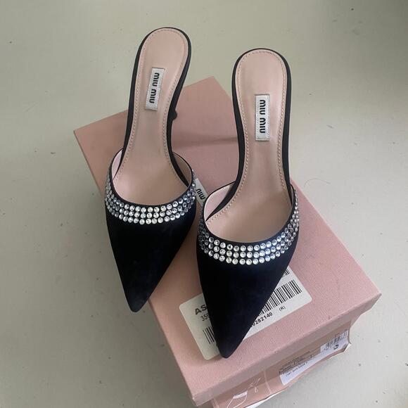 Miu Miu Crystal-Embellished Suede Heeled Mules Black 39 US 9 - Picture 2 of 11